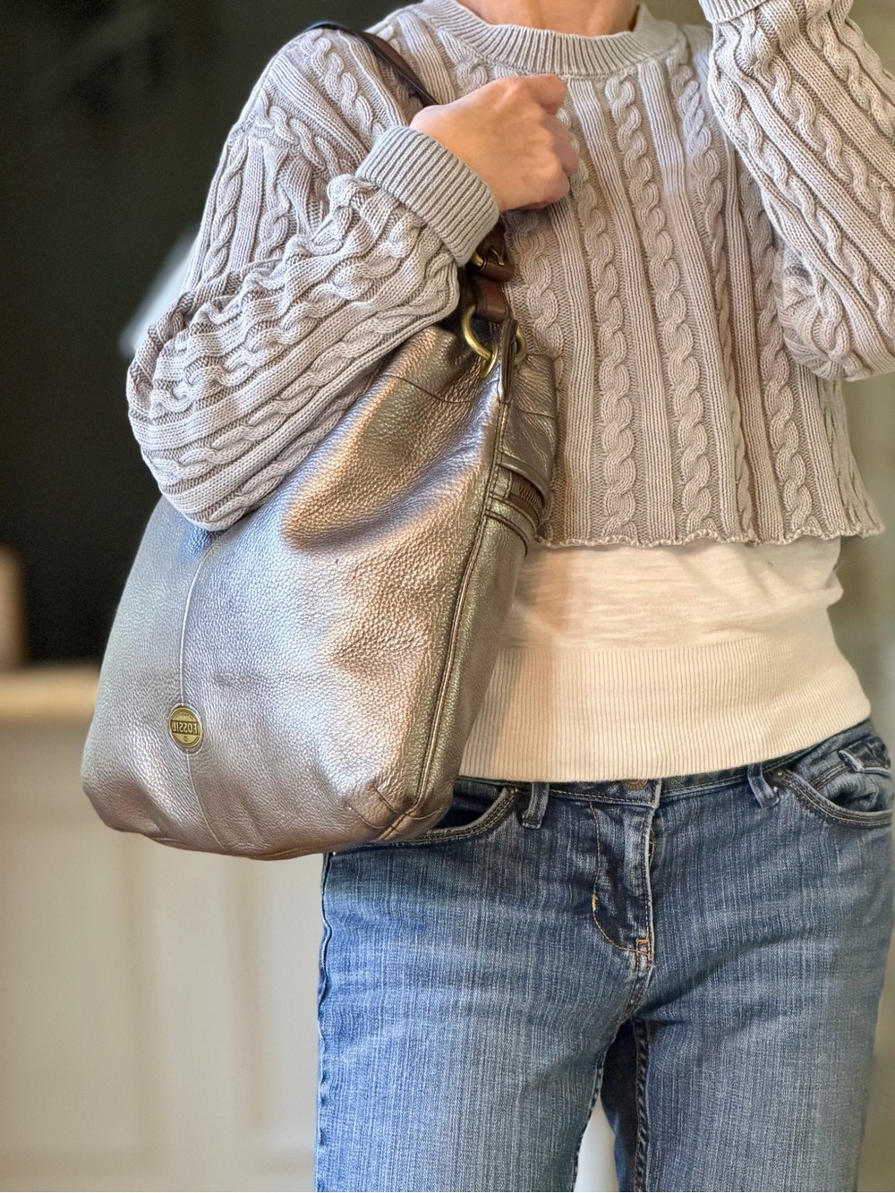 Fossil Metallic Pewter Leather Shoulder Bag